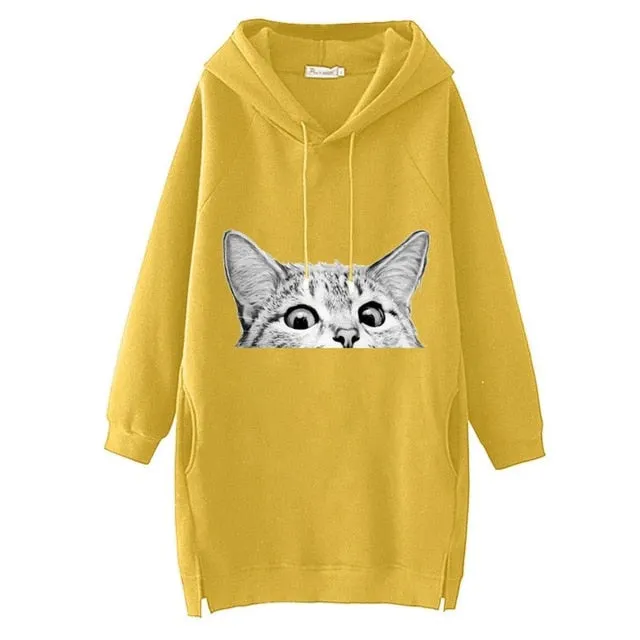 Women Long Hoodie Sweatshirt Pullover Cartoon Print Long Sleeve Splited Pockets Sweatshirt Hoody Pullovers Dress Sudadera Mujer