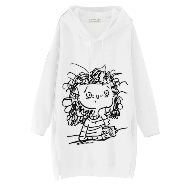 Women Long Hoodie Sweatshirt Pullover Cartoon Print Long Sleeve Splited Pockets Sweatshirt Hoody Pullovers Dress Sudadera Mujer