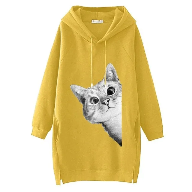 Women Long Hoodie Sweatshirt Pullover Cartoon Print Long Sleeve Splited Pockets Sweatshirt Hoody Pullovers Dress Sudadera Mujer