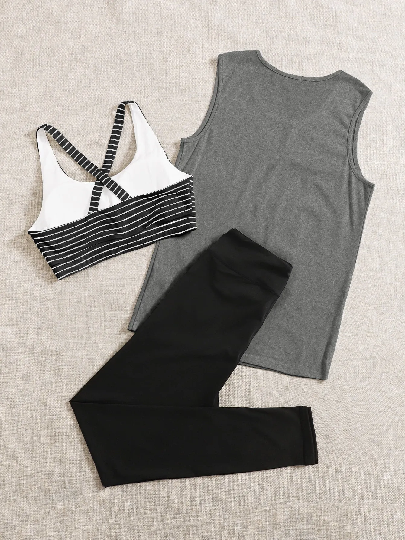 Women's 3pcs Striped Sports Bra & Tank Top & Leggings