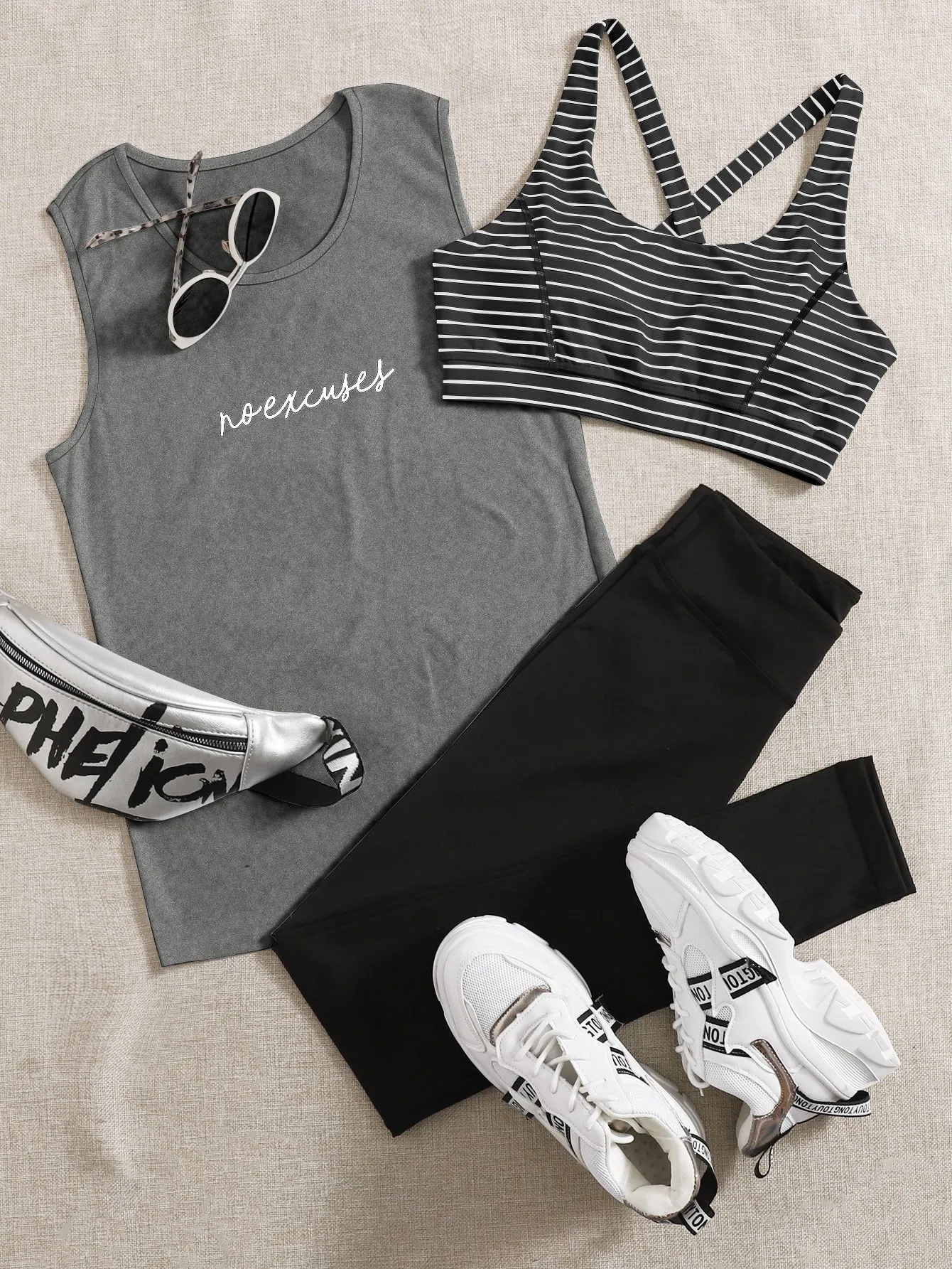 Women's 3pcs Striped Sports Bra & Tank Top & Leggings