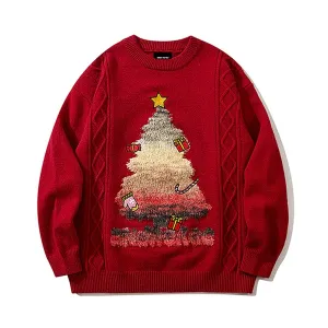 Women's Oversized Christmas Tree Graphic Crewneck Sweater Vintage Xmas Holiday Knitted Pullovers Top