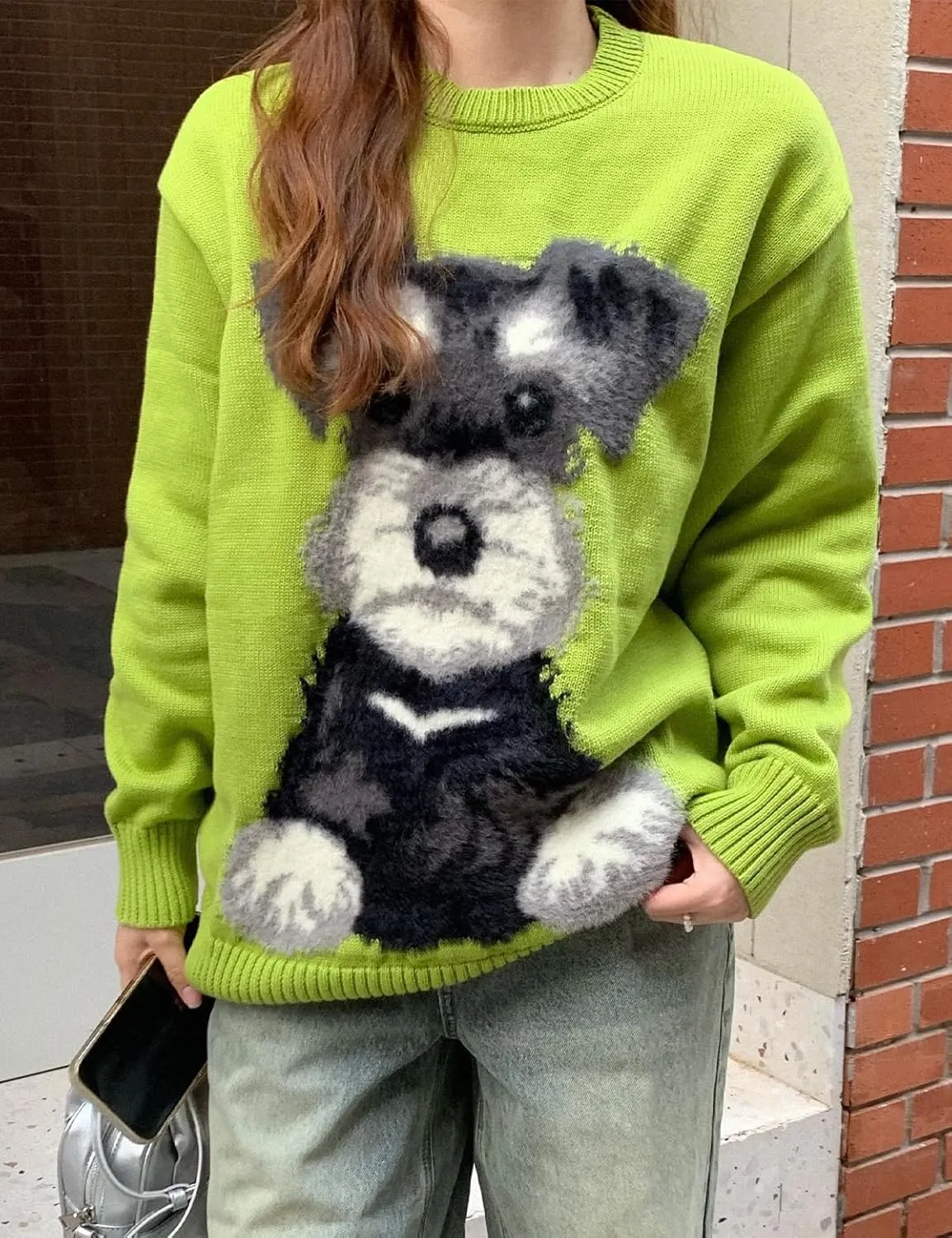 Women's Oversized Vintage Animal Dog Graphic Crewneck Holiday Sweater Long Sleeve Knitted Pullovers Tops