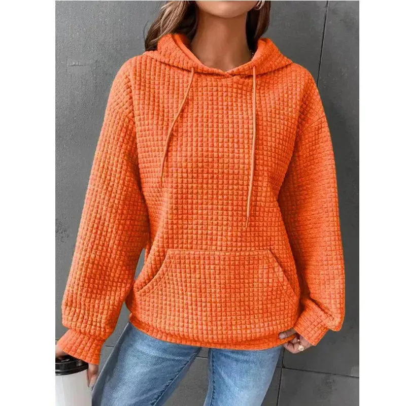 Women's Solid Color Sweatshirt Autumn/Winter Hooded Sweatshirt Waffle Round Neck Long Sleeve Sweatshirt
