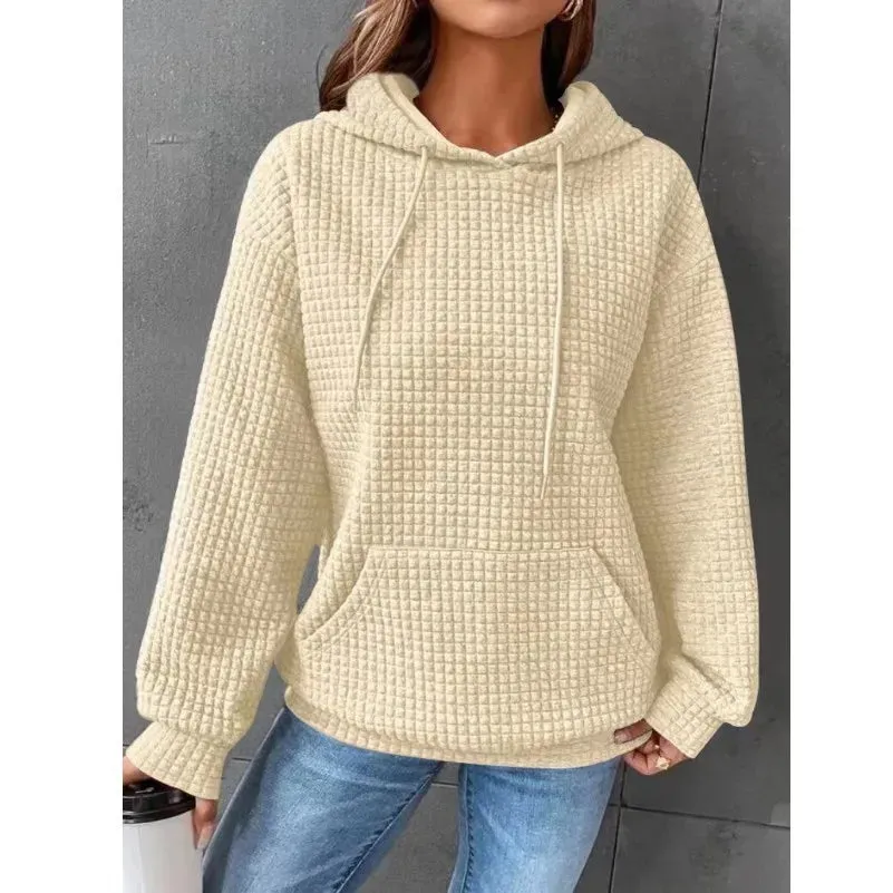 Women's Solid Color Sweatshirt Autumn/Winter Hooded Sweatshirt Waffle Round Neck Long Sleeve Sweatshirt
