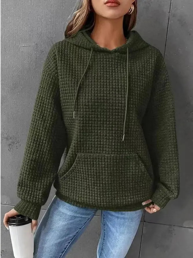 Women's Solid Color Sweatshirt Autumn/Winter Hooded Sweatshirt Waffle Round Neck Long Sleeve Sweatshirt