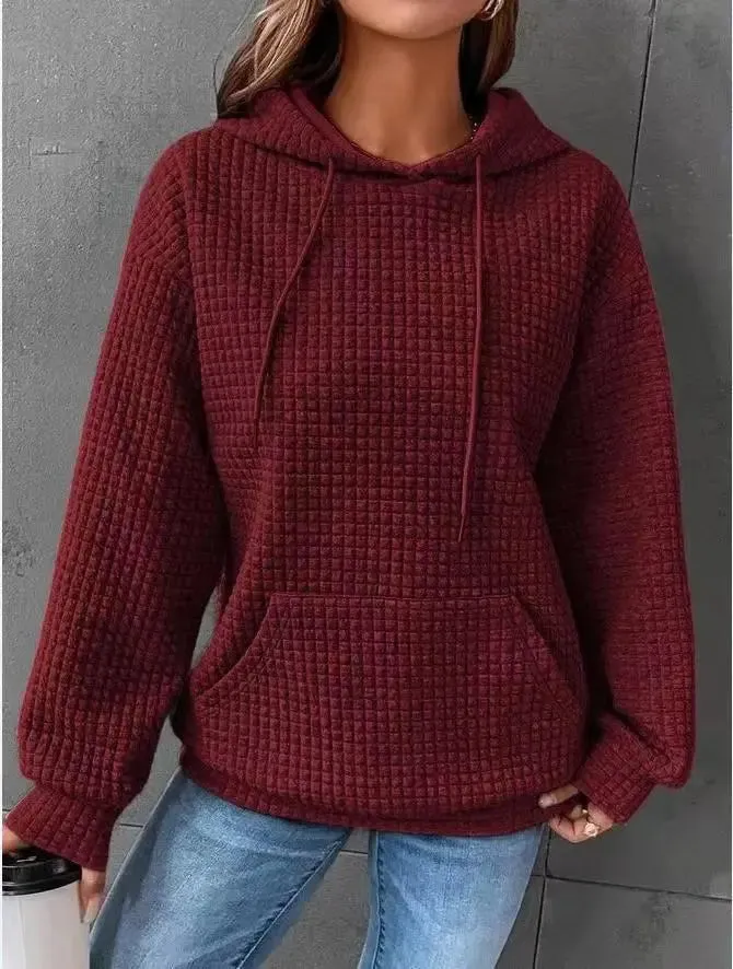 Women's Solid Color Sweatshirt Autumn/Winter Hooded Sweatshirt Waffle Round Neck Long Sleeve Sweatshirt