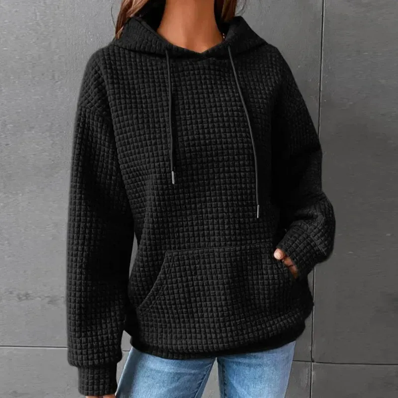 Women's Solid Color Sweatshirt Autumn/Winter Hooded Sweatshirt Waffle Round Neck Long Sleeve Sweatshirt