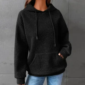 Women's Solid Color Sweatshirt Autumn/Winter Hooded Sweatshirt Waffle Round Neck Long Sleeve Sweatshirt
