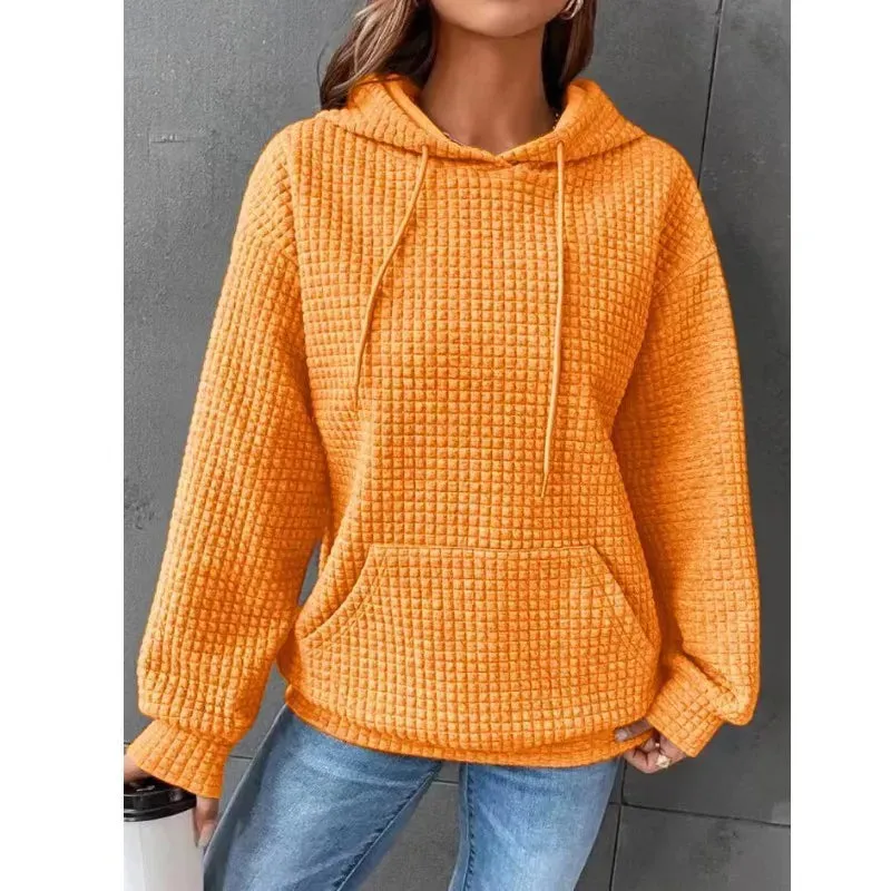 Women's Solid Color Sweatshirt Autumn/Winter Hooded Sweatshirt Waffle Round Neck Long Sleeve Sweatshirt