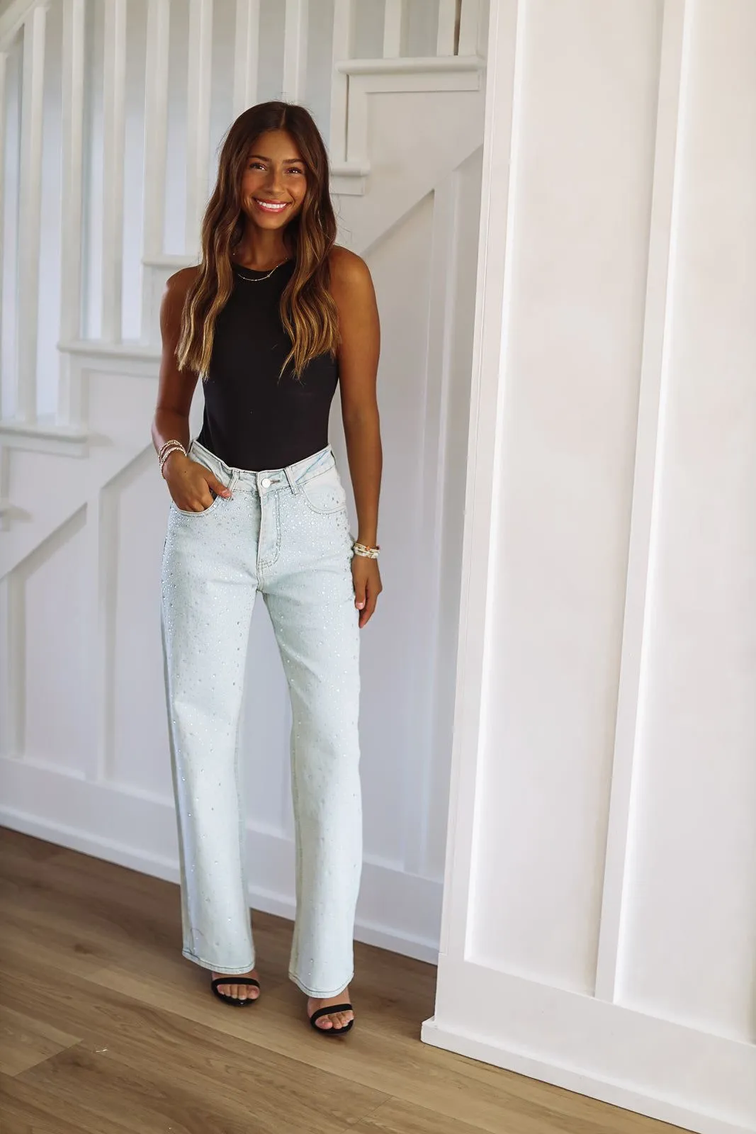 Worth a Million Embellished Straight Leg Jeans - Light Wash