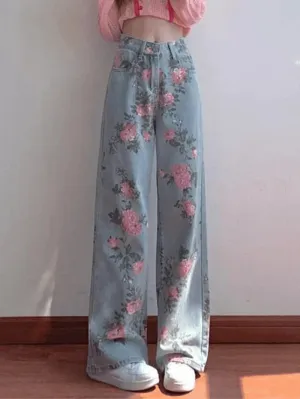 Y2K Boyfriend Jeans mit Hoher Taille und Blumenmuster