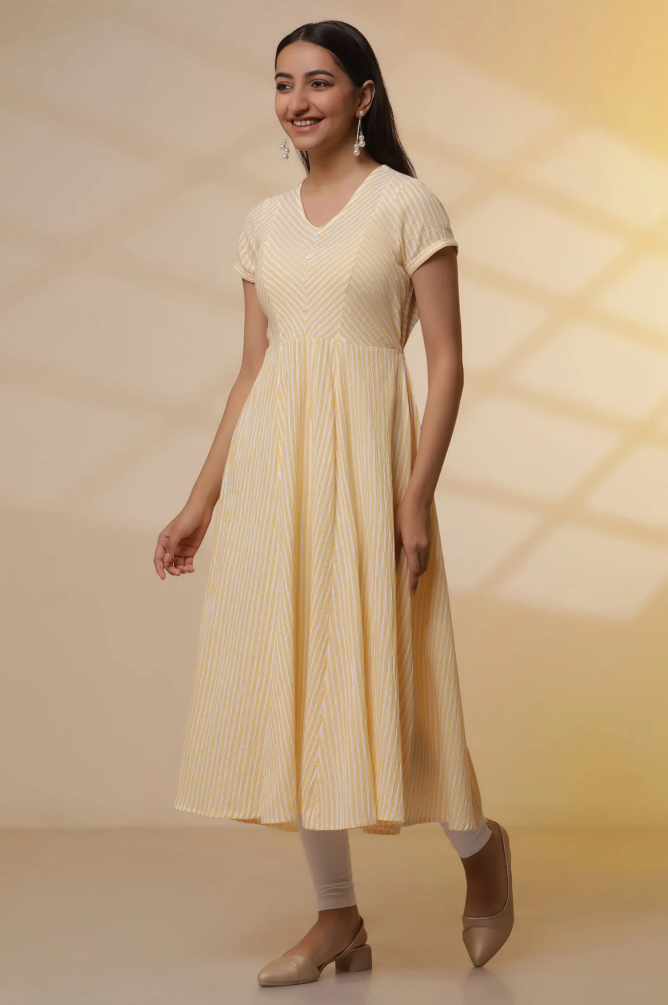 Yellow and White Striped Cotton Lurex Flared Kurta and Tights Set