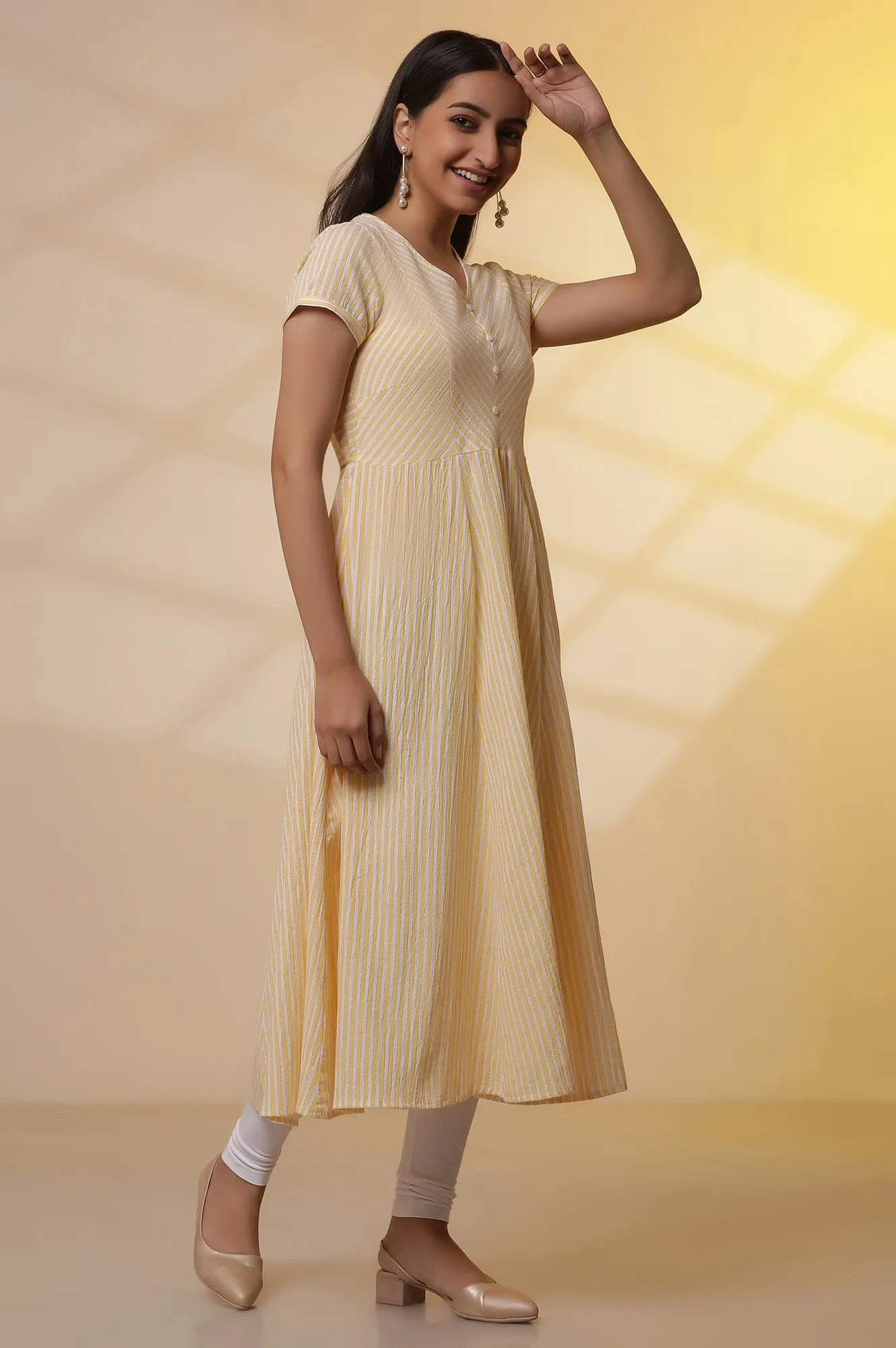 Yellow and White Striped Cotton Lurex Flared Kurta and Tights Set